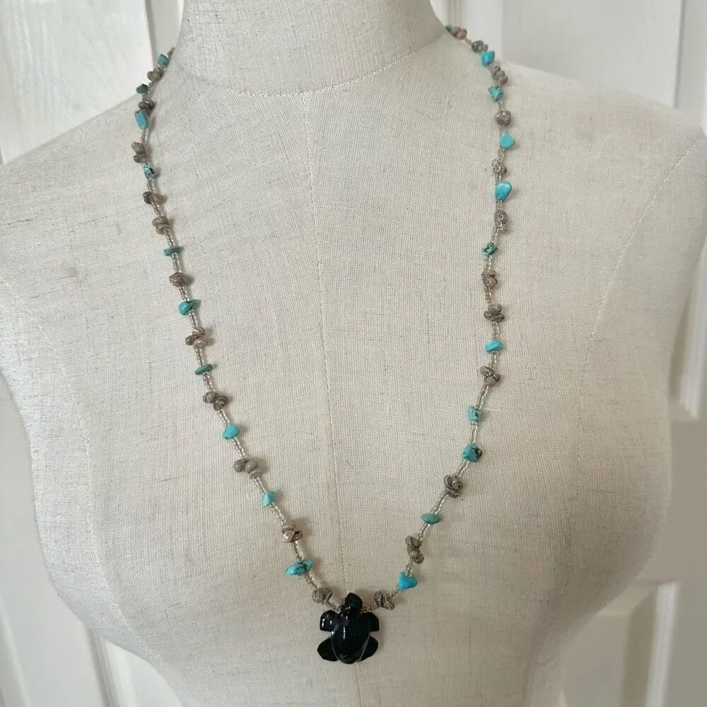 Turquoise and shell wood turtle long pendant necklace